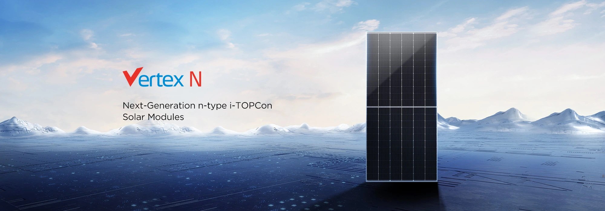 Trina Vertex N Series solar panel poster – N-type i-TOPCon modules installed on large-scale solar farm, featuring 23.8% efficiency and 80% bifaciality for maximum energy yield and reduced LCOE